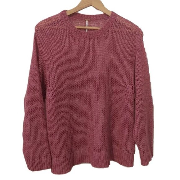 Free People Alpaca Wool Fuzzy Crewneck Sweater Loose Knit Lightweight Boho Mauve - Picture 2 of 8